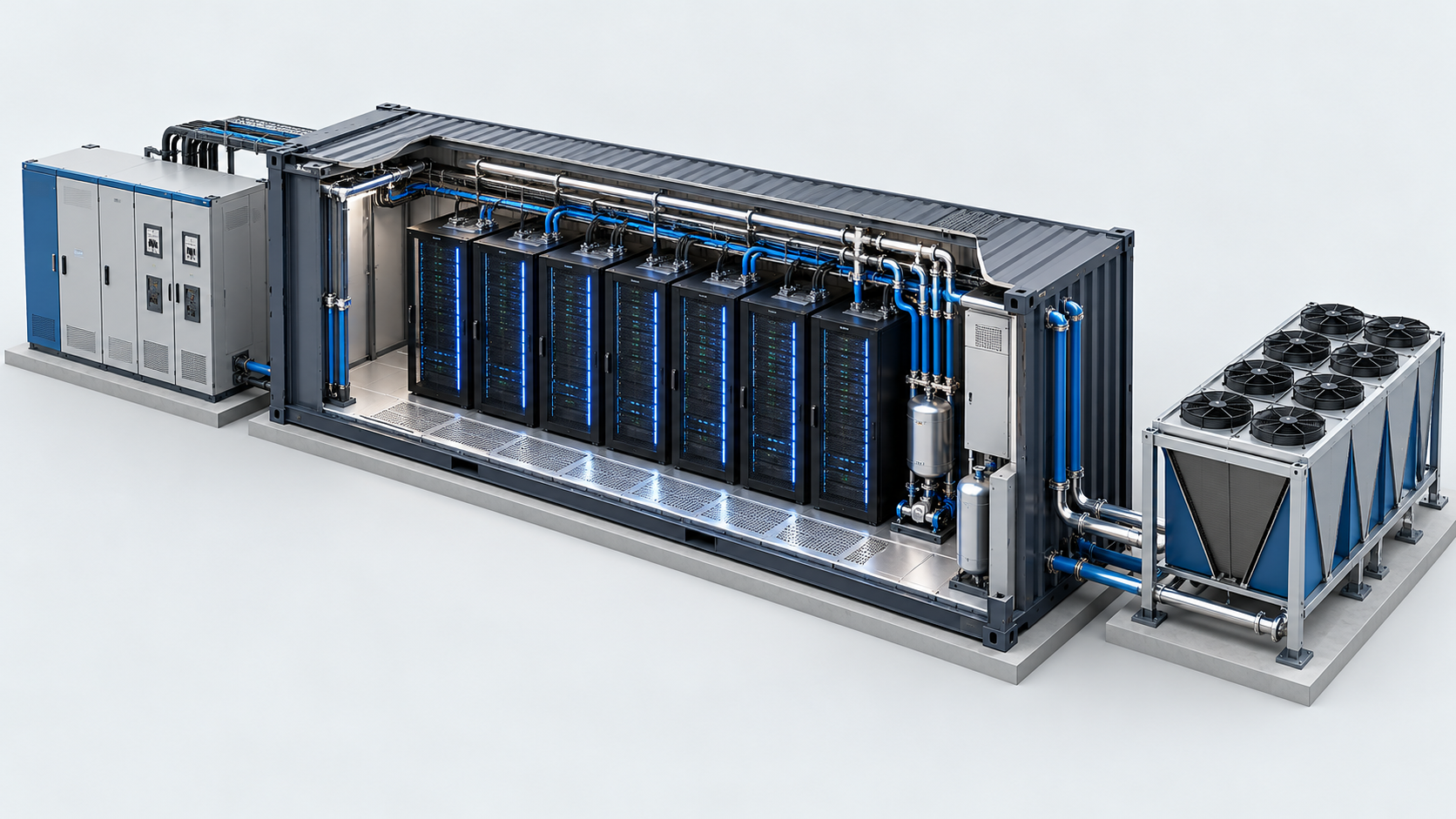 Module concept showing seven compute racks, external power equipment and a dry cooler